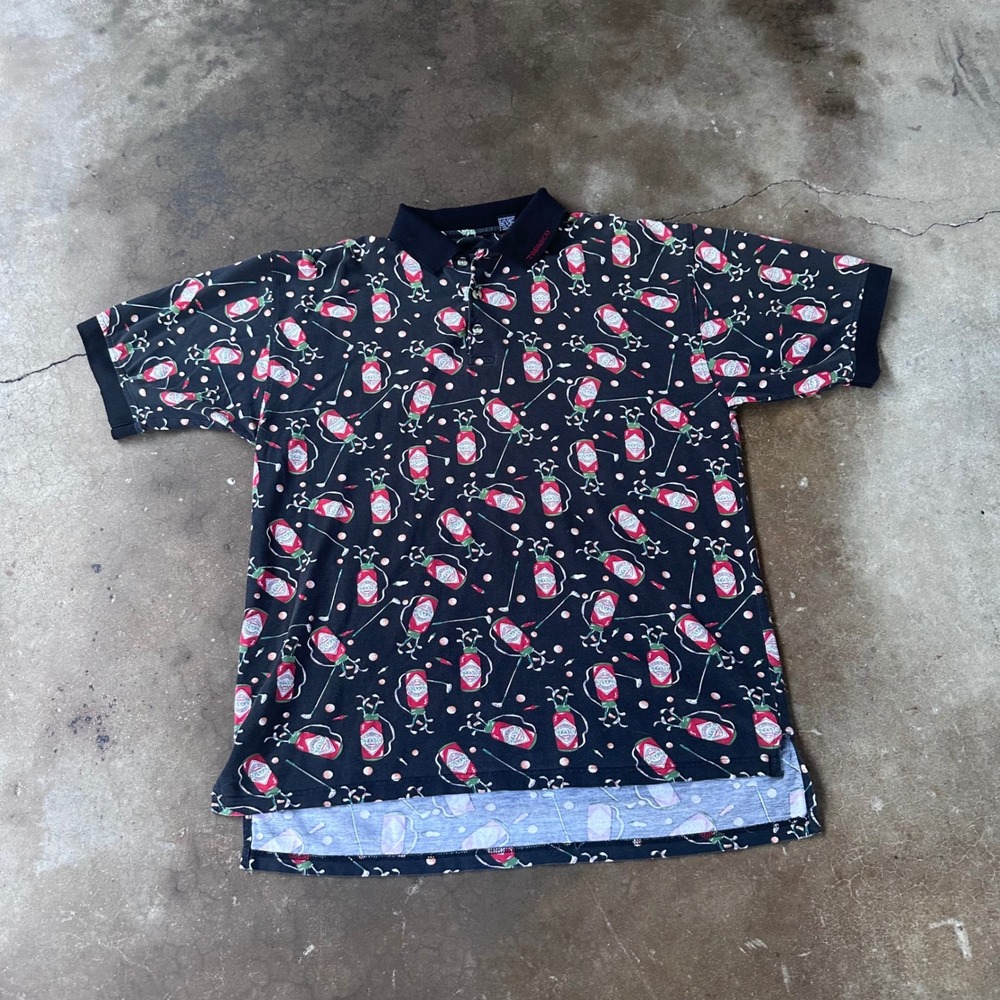 Tabasco Polo Shirt Mens L Black Excellent Golf Bag All Over Print Cotton Pique